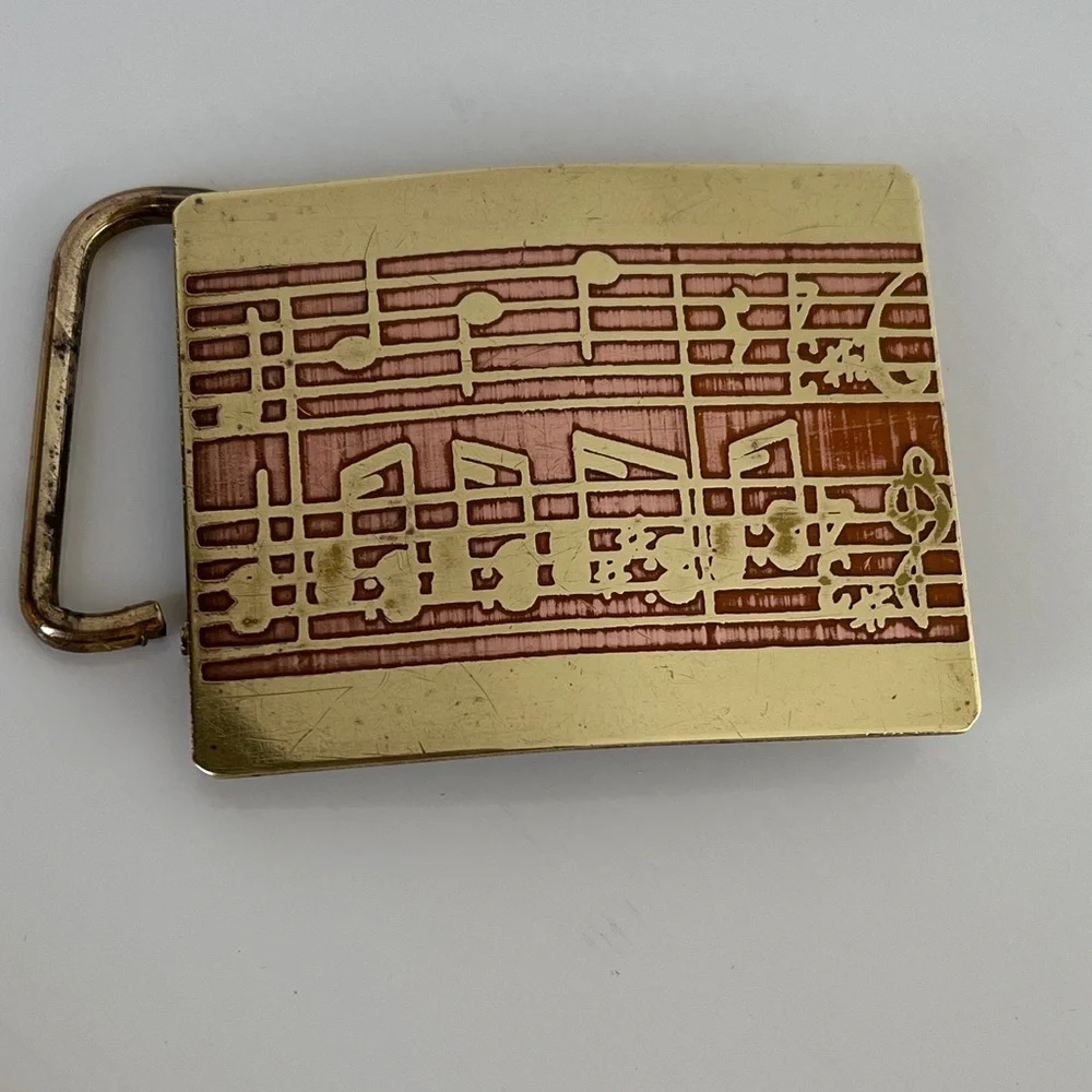Vintage Horizon Brass Copper Musical Notes Belt Buckle 1970s Music Staff Design